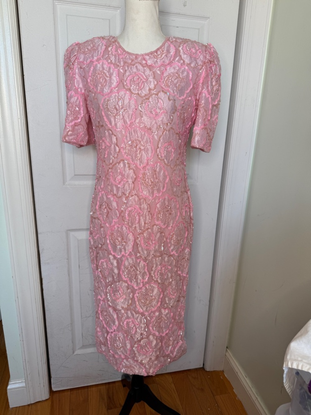 1980s/ 90s Beaded Sequined Barbiecore Midi Prom Evening Dress by Carina